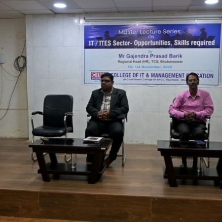 Mr. Gajendra Prasad Barik, Regional Head (HR), TCS, Bhubaneswar, addressed the students on the topic “IT/ITES Sector-Opportunities and Required Skills” on 1st November 2025, as part of the Fifth Master Lecture Series.